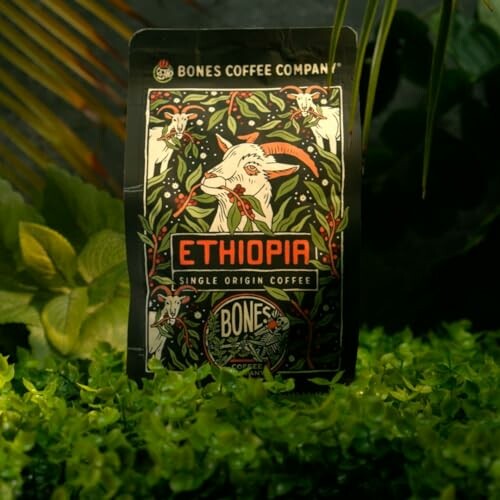 Bones Coffee Company Ethiopia single origin coffee bag amidst greenery