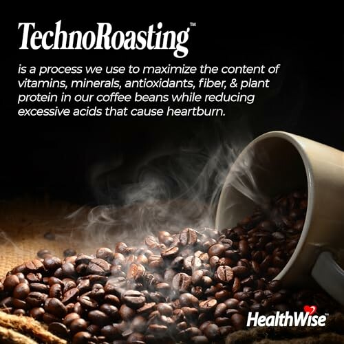 Coffee beans spilling from a cup with HealthWise TechnoRoasting description.