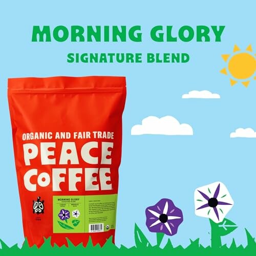 Morning Glory Peace Coffee package with flowers and sun.