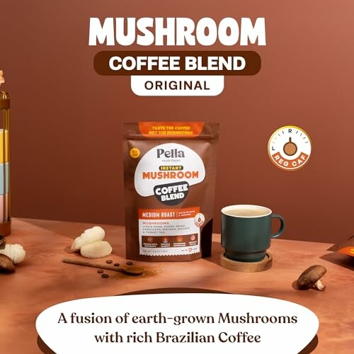 Mushroom coffee blend package with a cup and spoon on a table.