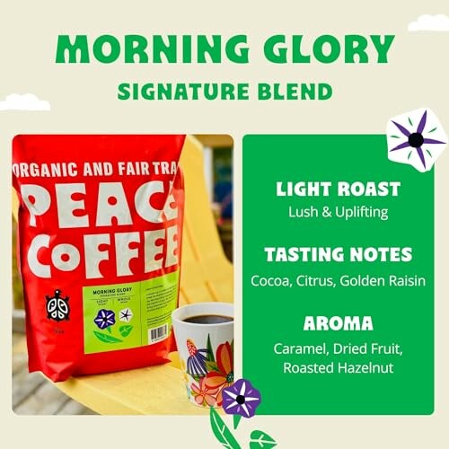 Peace Coffee Morning Glory light roast with tasting notes and aroma details.