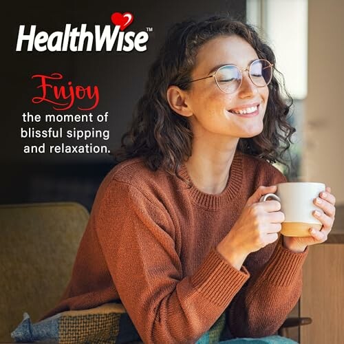 Smiling woman with glasses enjoying coffee.